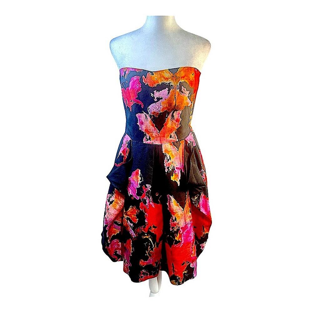 SEE BY CHLOE Silk Black Orange & Pink Silk Strapless Cocktail Dress SZ 6 NWOT